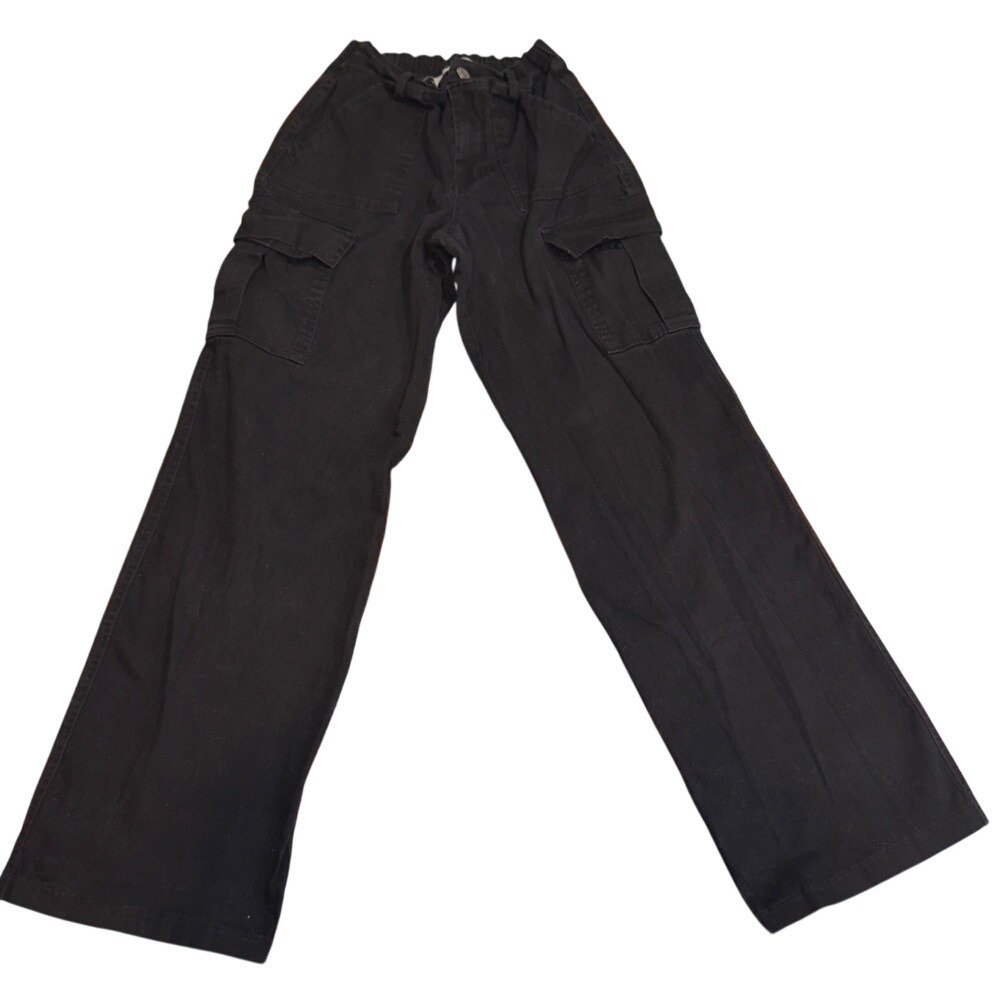 Refuge Black Flare Wide Leg Cargo Pants Womens Small Elastic‎ Waist Utility Y2K